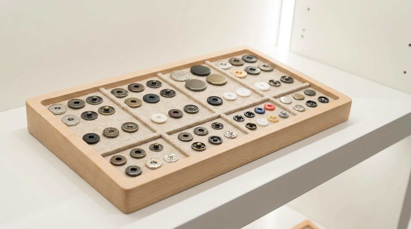 brass snaps for clothing, Brass snaps for clothing in multiple sizes and finishes are neatly organized on a wooden sample tray.